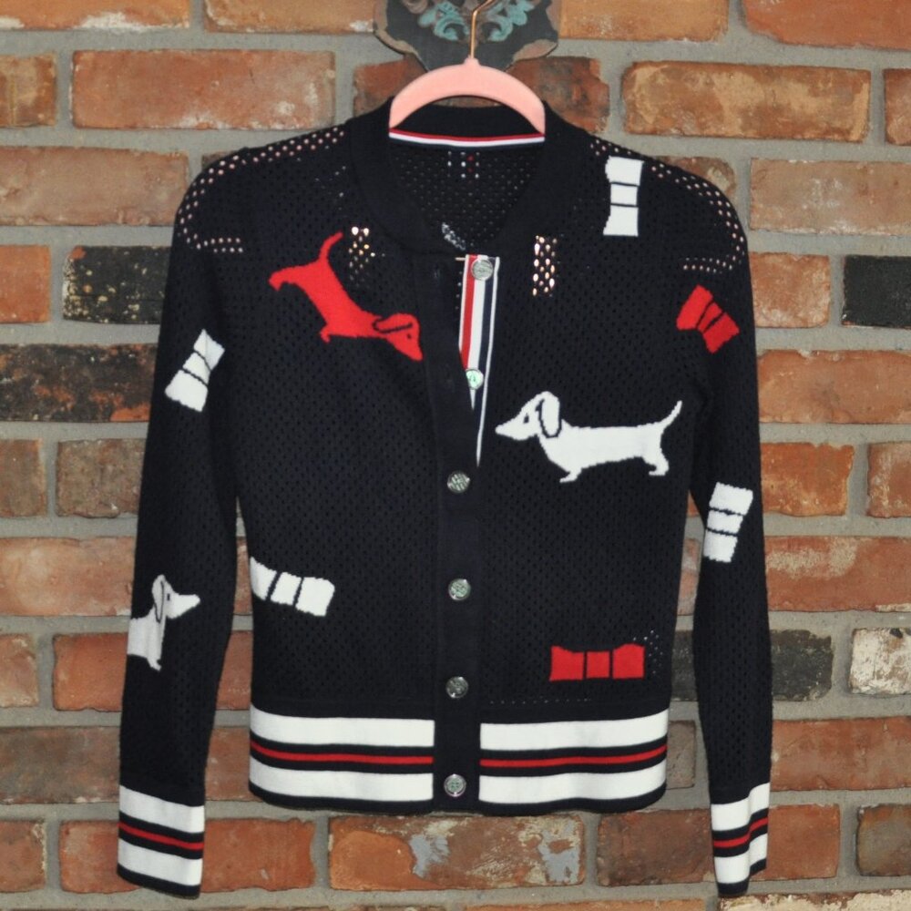 THOM BROWNE Pointelle Hector Bow Navy Wool Cardigan Intarsia-knit Sweater S